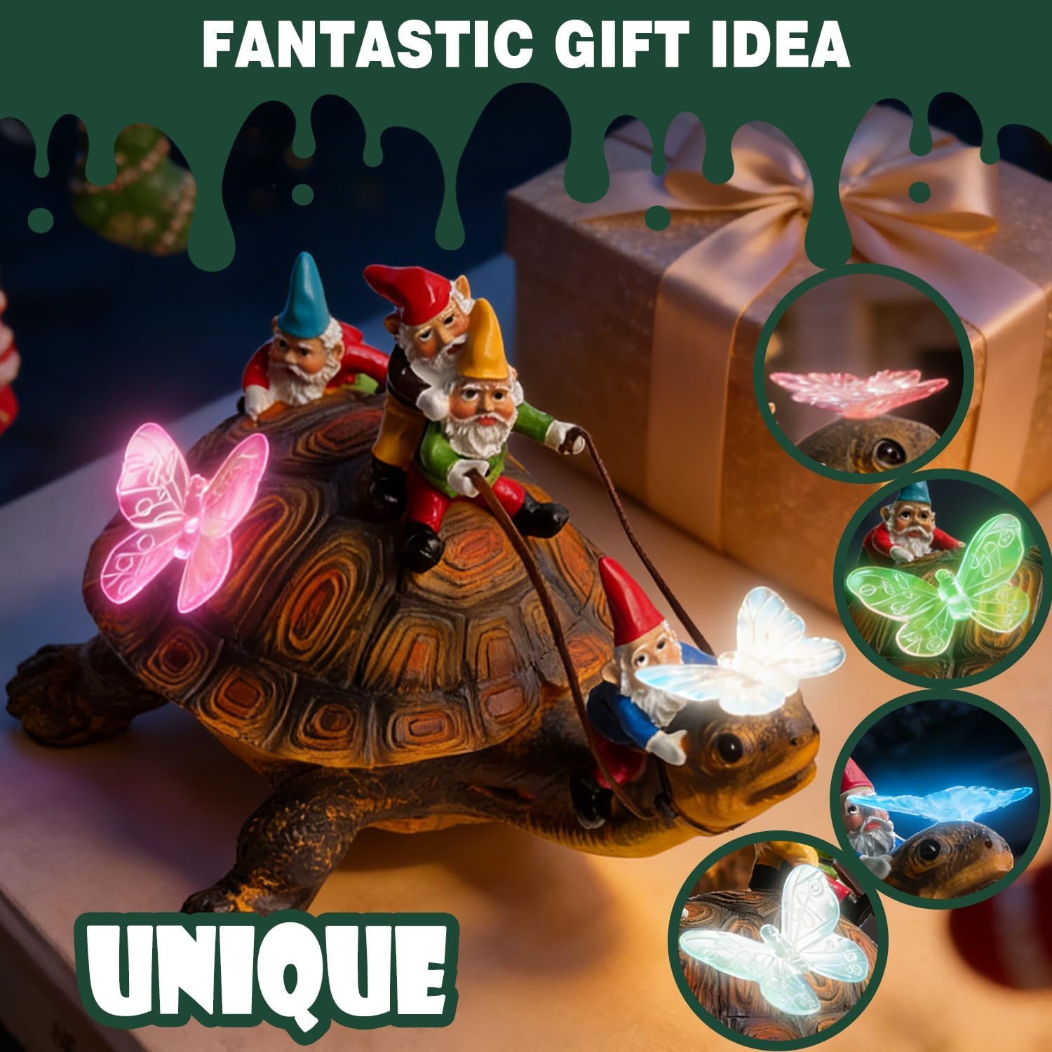 Funny Garden Gnomes Tortoise Decorations for Yard Statue with Solar Lights Outdoor Sculpture Decor