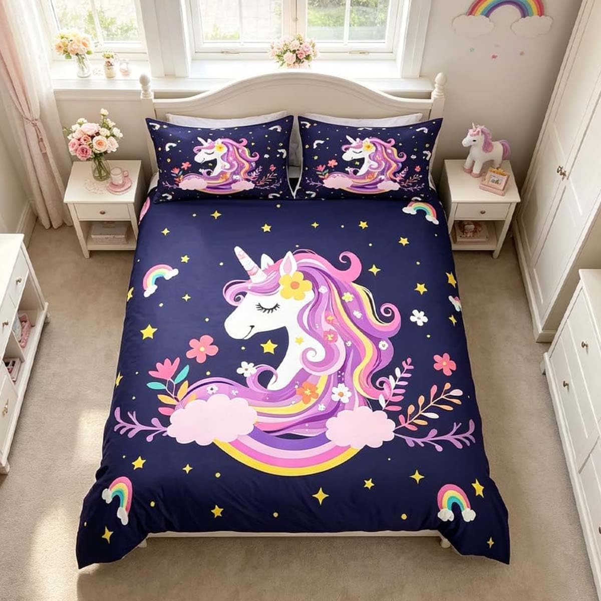 Homemissing Magical Unicorn Duvet Cover Set King Size For Kids Boys Girls Women Rainbow Unicorn Bedding Set Flower Star Print Duvet Cover with 2 Pillowcases