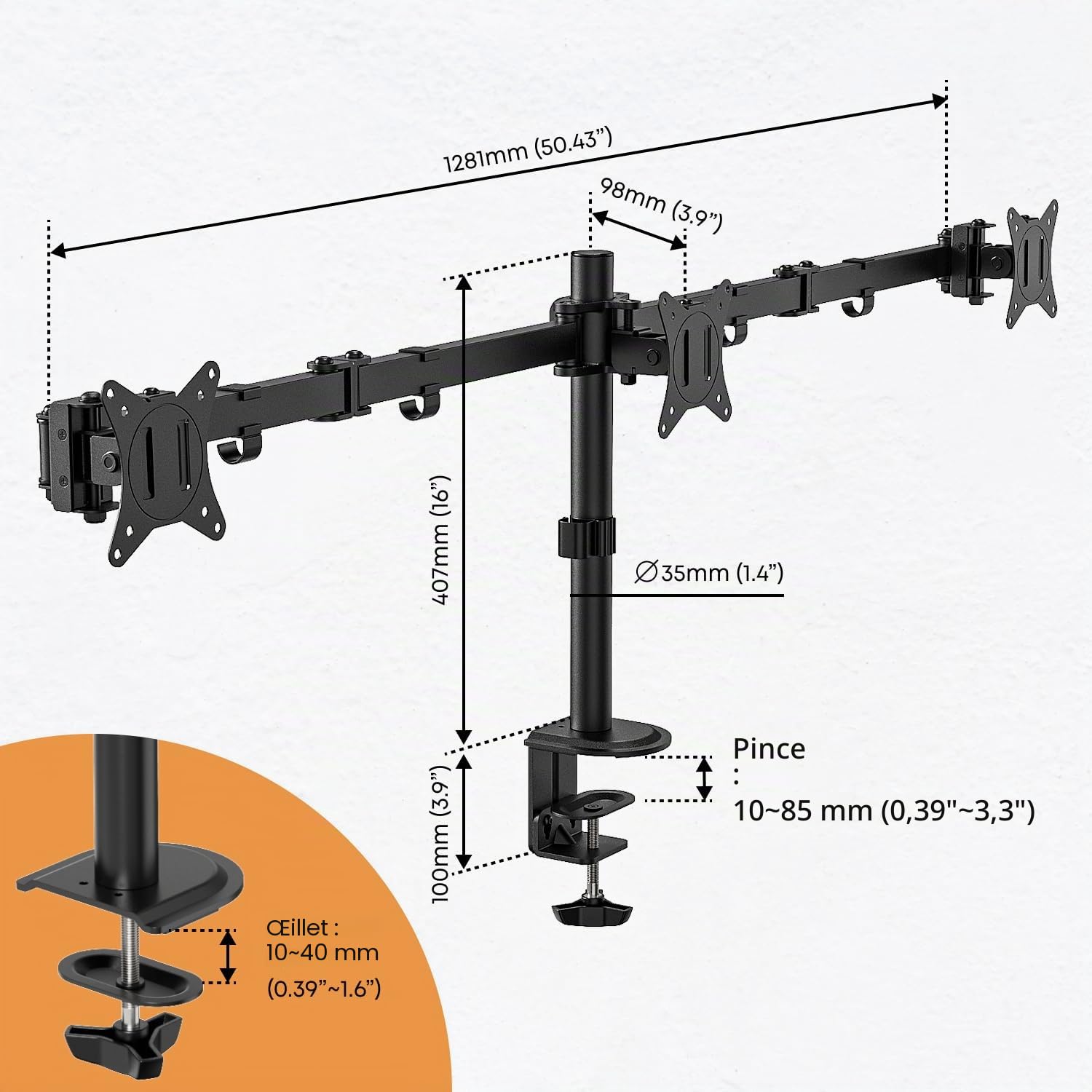 Support Ecran PC 3 pour 17-27 Pouces écran Plat & incurvé, vesa 75 x 75 100 x 100 Support Triple Ecran, 7 kg/Bras, Aupport 3 Ecran PC avec 2 Modes d'installation