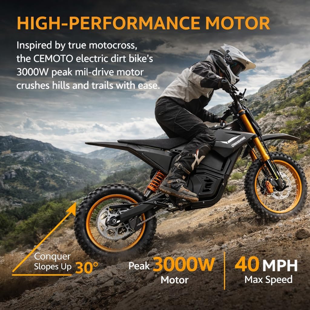 Electric Dirt Bike for Teens Adults - 3000W 40 Mph Motor,53 Miles Range 48V 23AH Battery,14"/12" Tires Dual Disc Braking & Full Suspension Electric Motorcycle