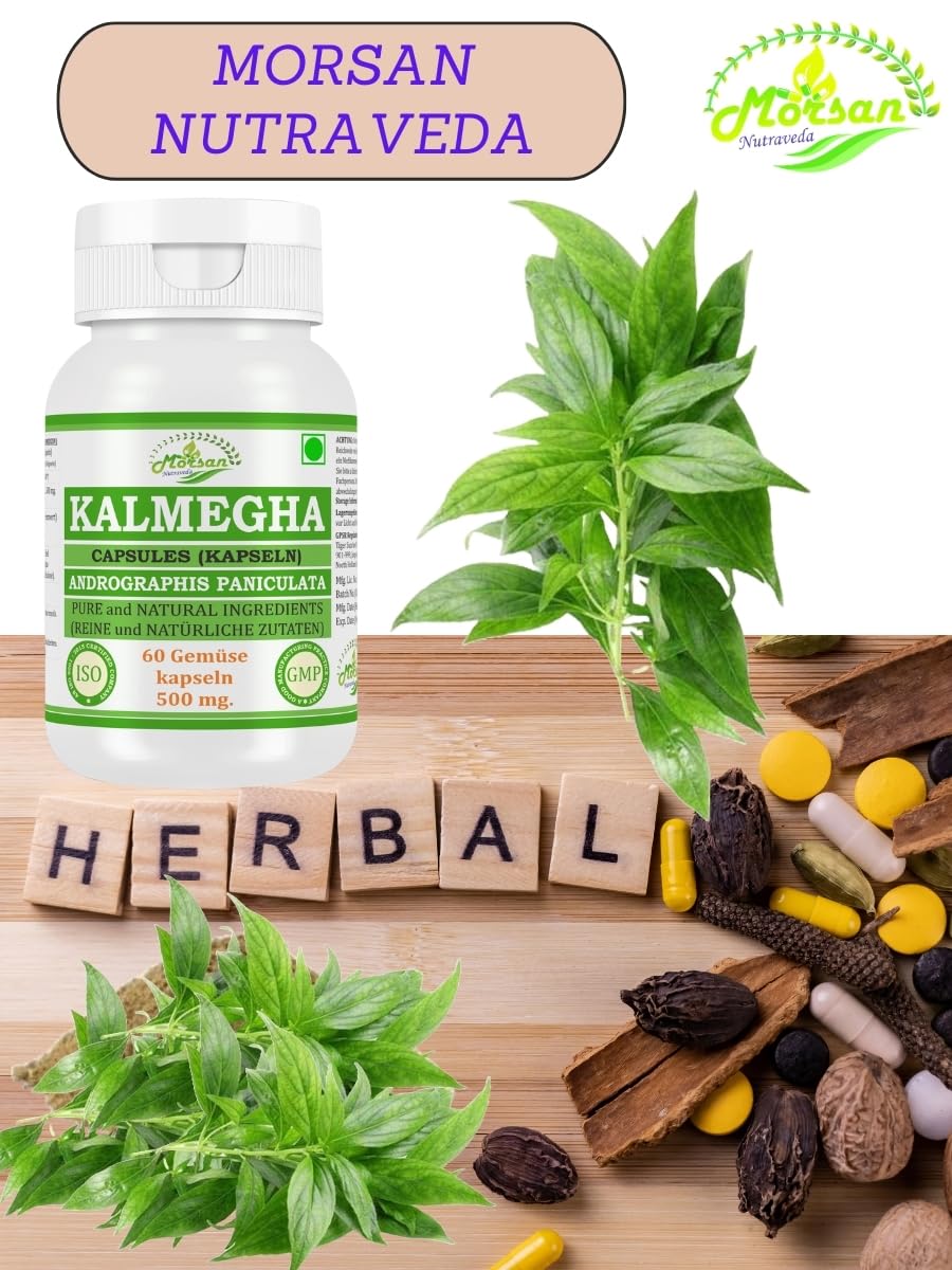 Kalmegha (Andrographis Paniculata) Capsules | 500 mg. - 10:1 Potent Extract | Ayurvedic Herbal Supplement | 60 Vegan Capsules for Men & Women (Pack of 1 Bottle)