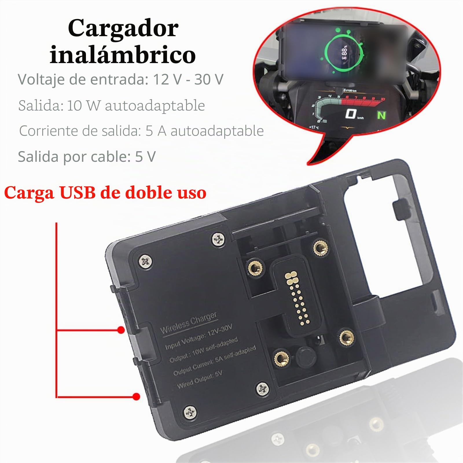 Cargador De Carga Inalámbrico para Motocicleta, Soporte De Navegación para Teléfono GPS para BMW R1200GS R1250GS R 1250 GS ADV Adventure S1000XR (Color : Wireless and USB)