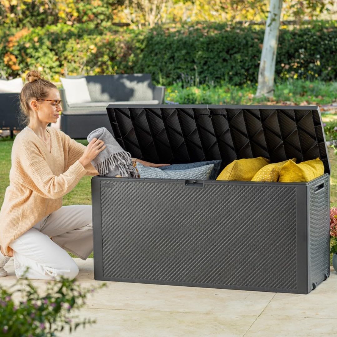 Koll Living Tuinbox met 270 liter inhoud, weerbestendige opbergruimte, de inhoud blijft droog en wordt geventileerd, moderne vlechtlook, met handgrepen en wielen (grafiet