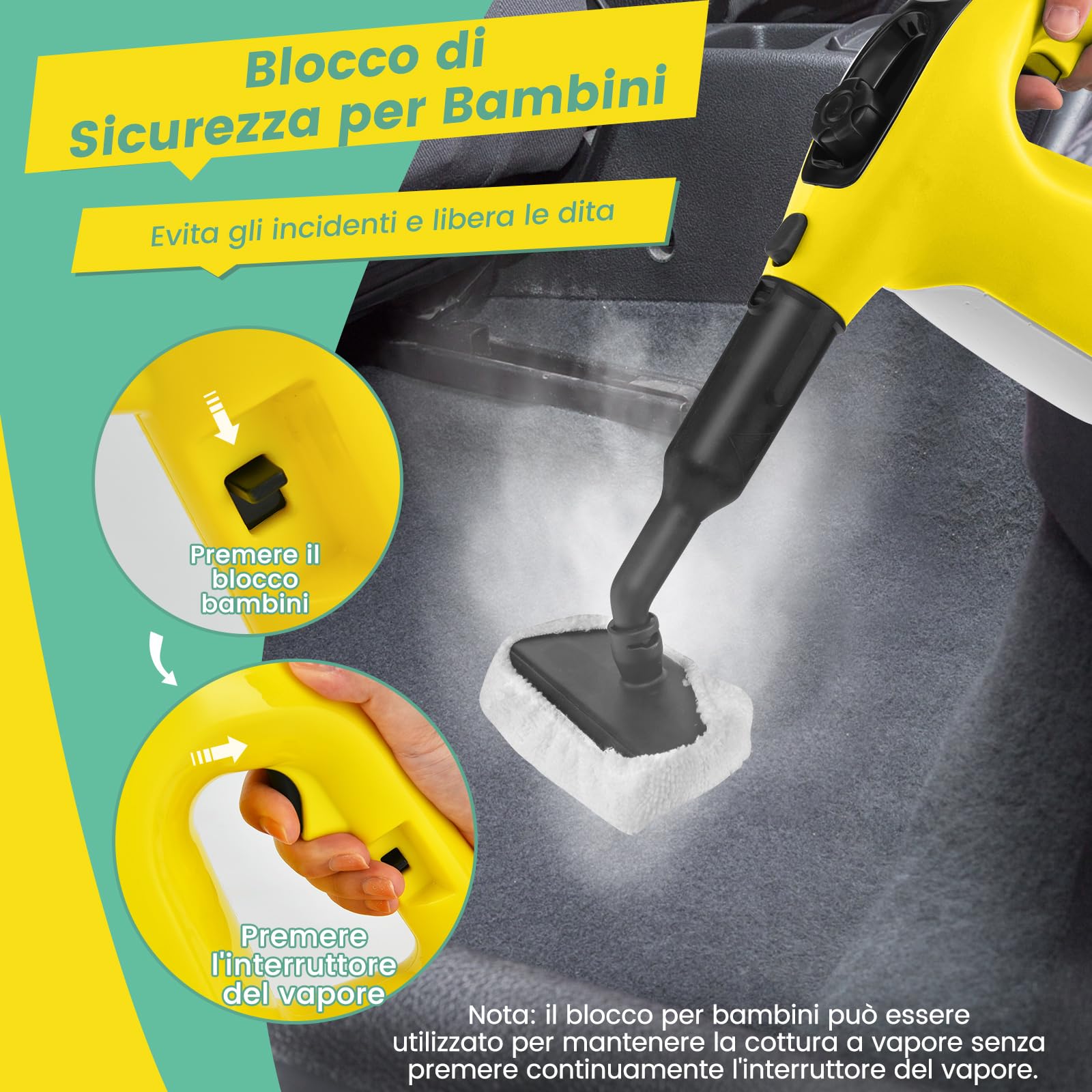 COSTWAY 1500W Pulitore a Vapore Portatile, Macchina a Vapore con Serbatoio d'Acqua da 400 ml Blocco per Bambini e Kit di Accessori da 14 Pezzi, 33x13x24,5 cm (Giallo)