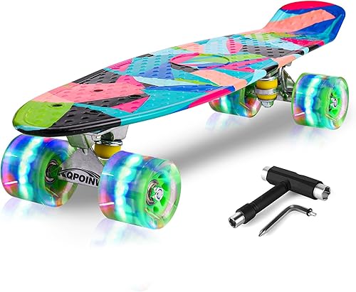 Miniatura 64 de Patinetas, 22" Patineta Completa, Mini Cruiser Skateboard para Niños Niñas Adolescentes Principiantes con Coloridas Ruedas Intermitentes Herramienta