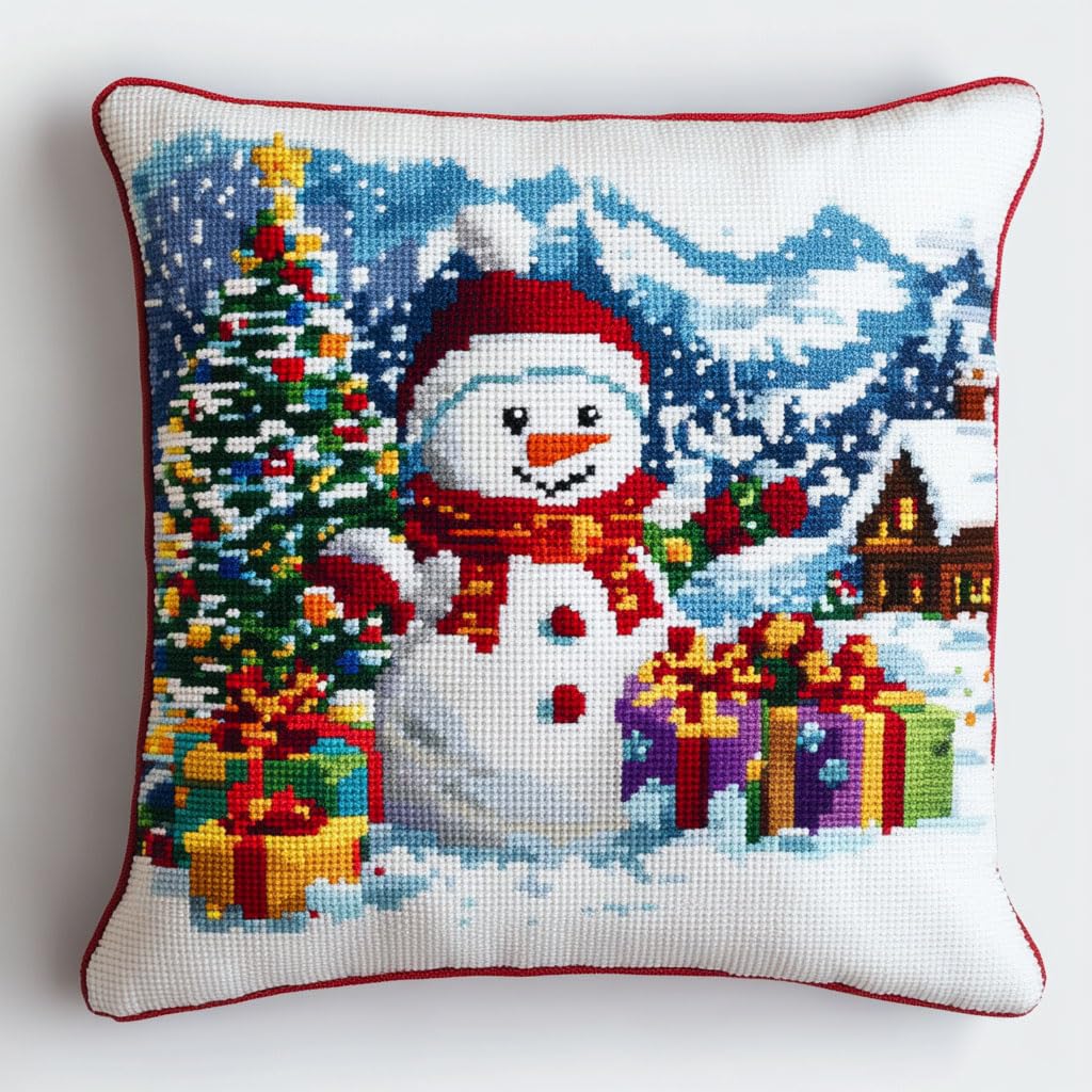 Ambattery C Ross Stitch Pillow Kits, Snowman And Hristmas Tree Ross Stitch Ushion Over 45X45cm Needlepoint Raft Set Ushion Kit Pre Printed Handmade Ushion Over Kit Stitched Ushion Kit