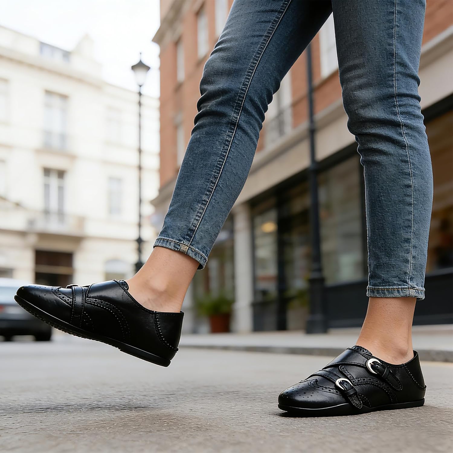 Women's Brogue Monk Strap Oxfords - Soft Genuine Leather Flats, Comfortable Breathable Dress Shoes for Casual Business Work