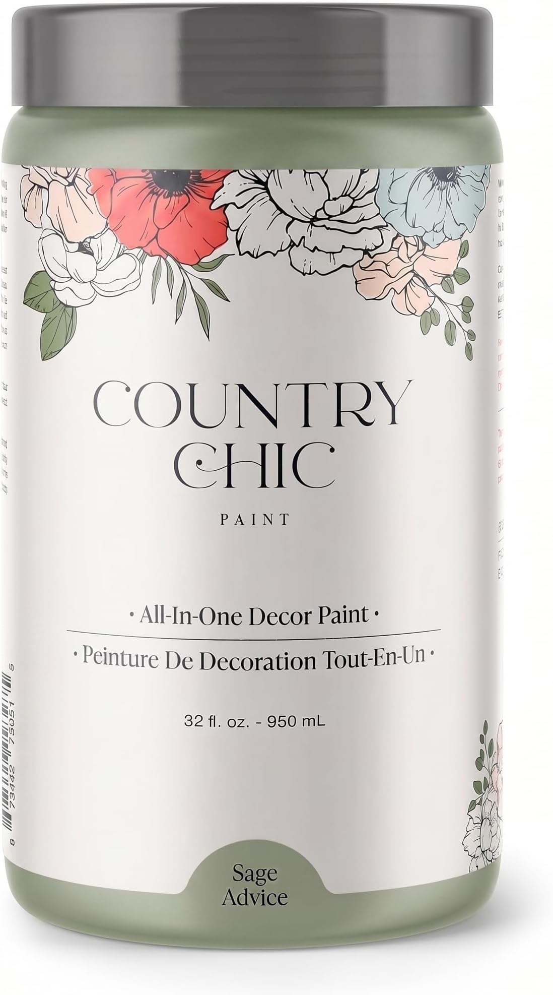 Country Chic All-in-One Chalk Paint for Furniture, Cabinets, Home Decor, Eco-Friendly, Matte Finish, Built-In Primer & Top Coat for Wood, Metal - Sage Advice (sage Green) - Quart 32 oz (950 ml)