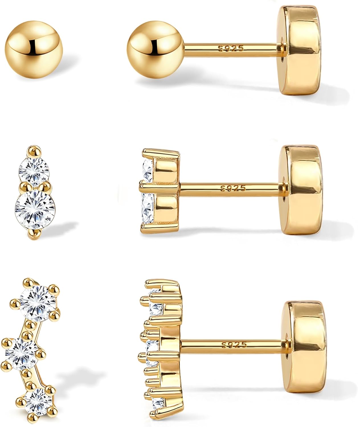 S925 Sterling Silver Flat Back Earrings for Women Hypoallergenic - 14K Gold Plated Flatback Stud Earrings Cartilage Helix Tragus Conch Piercing Jewelry 3 Pairs Dainty CZ Butterfly Studs
