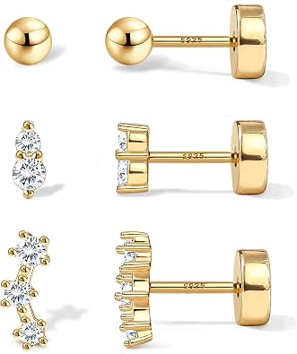 S925 Sterling Silver Flat Back Earrings for Women Hypoallergenic - 14K Gold Plated Flatback Stud Earrings Cartilage Helix Tragus Conch Piercing Jewelry 3 Pairs Dainty CZ Butterfly Studs