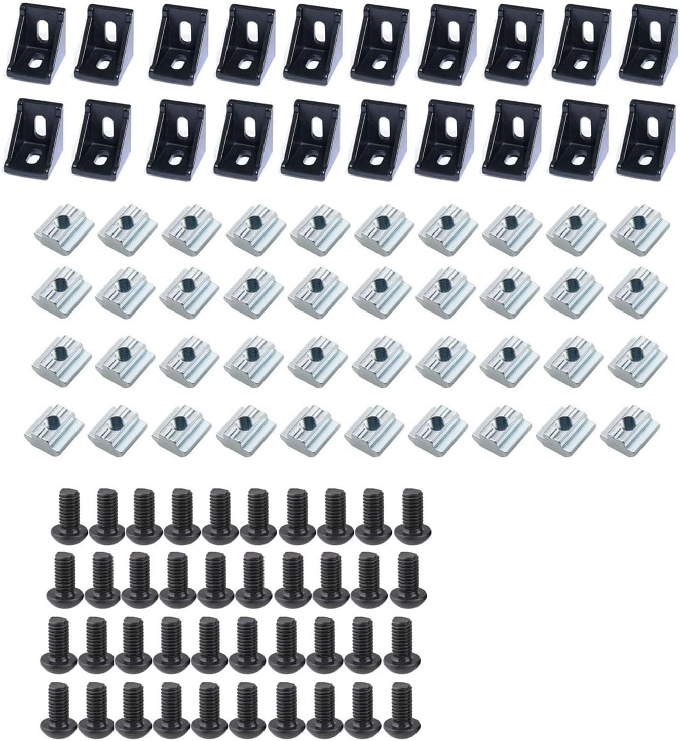 100pcs 2020 Aluminum Profile Connector Kit 20pcs Angle Brackets + 40pcs 20 Series M5 T-Slot Nuts + 40pcs M5x8mm Hexagon Caps + Wrench(Black)