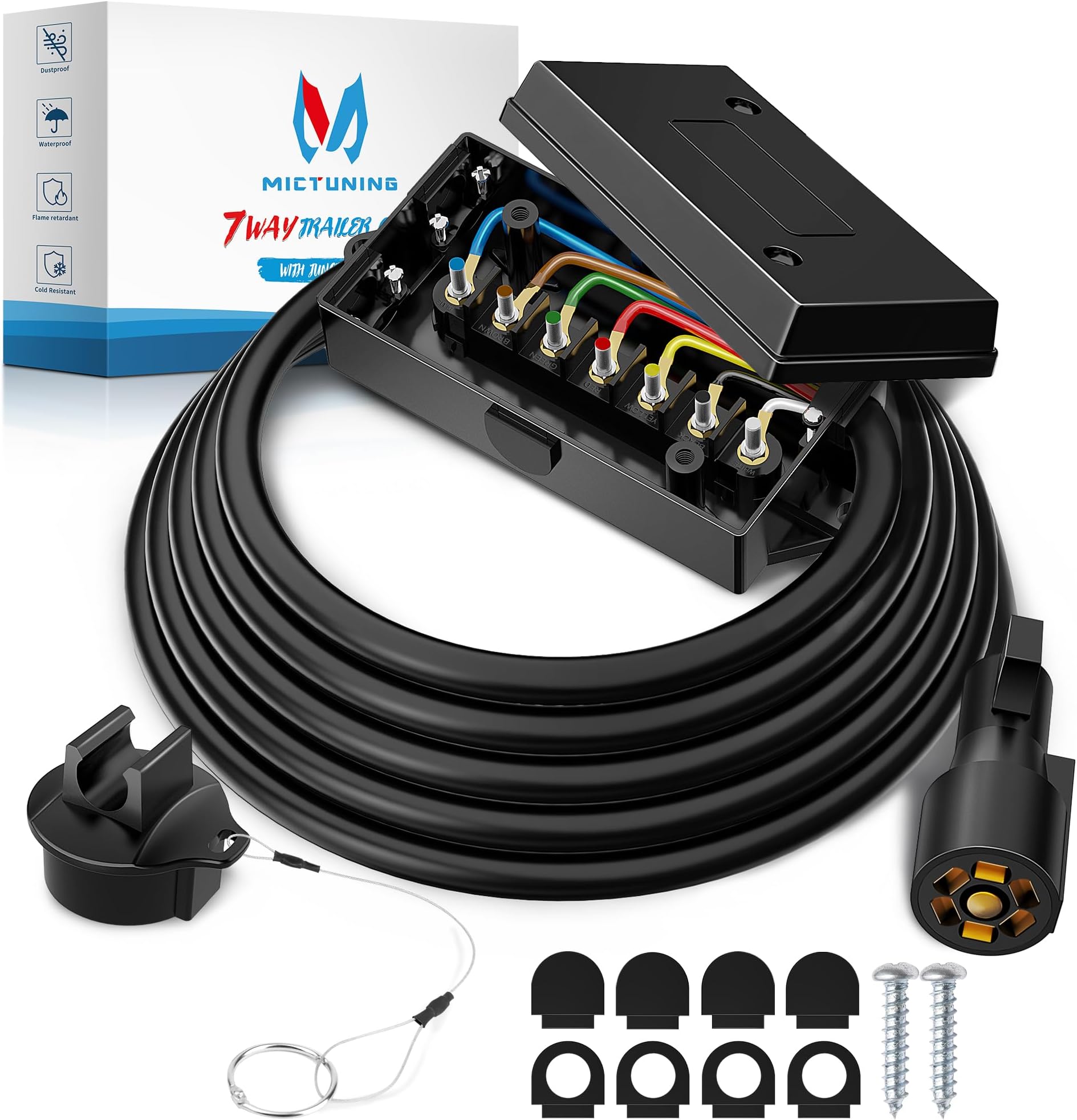 MICTUNING Heavy Duty 7 Way Plug Inline Trailer Cord with 7 Gang Junction Box - 8 Feet