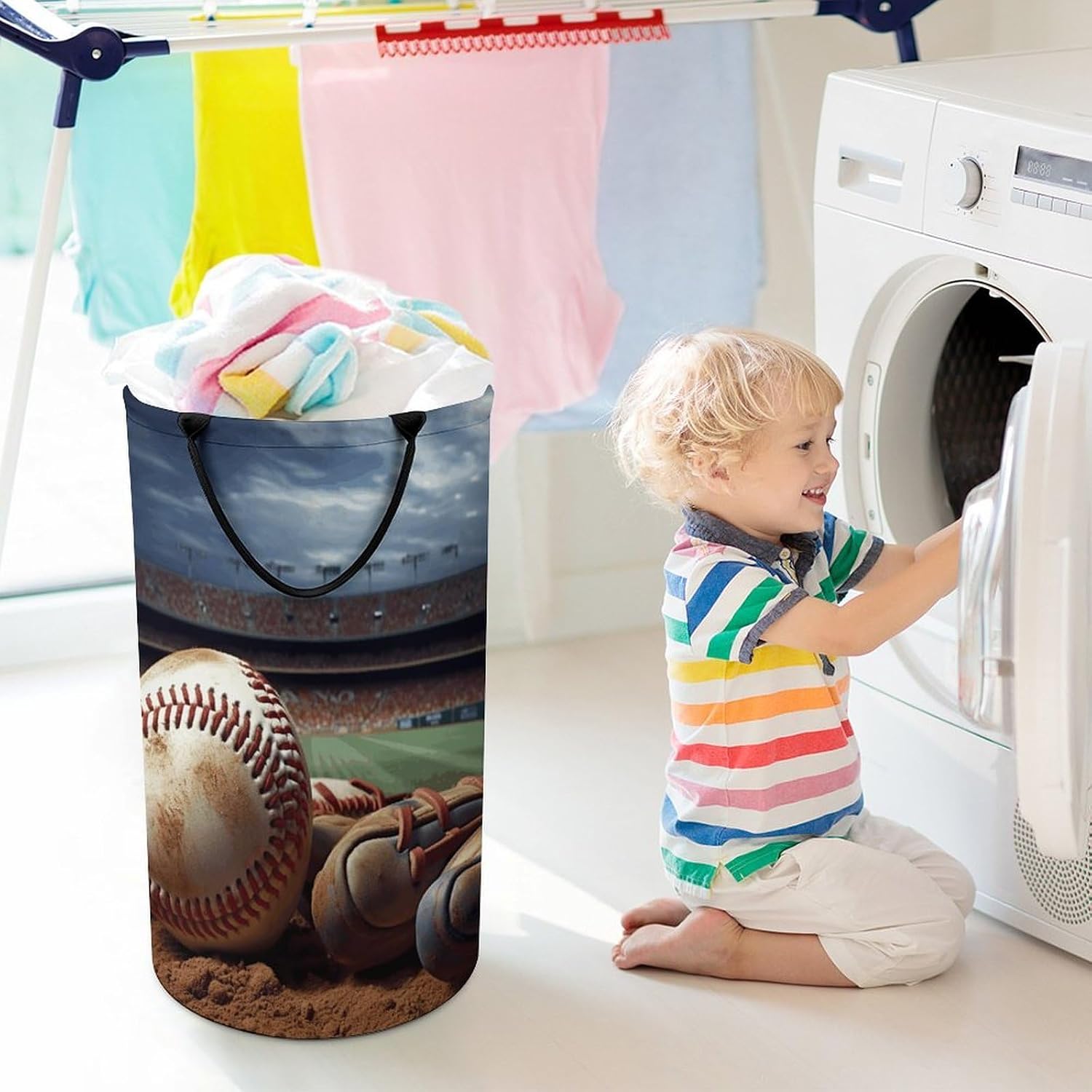 Large Laundry Hamper with Handles Baseball Laundry Basket Freestanding Waterproof Clothes Hamper for Living Room Bedroom Bathroom College Dorm