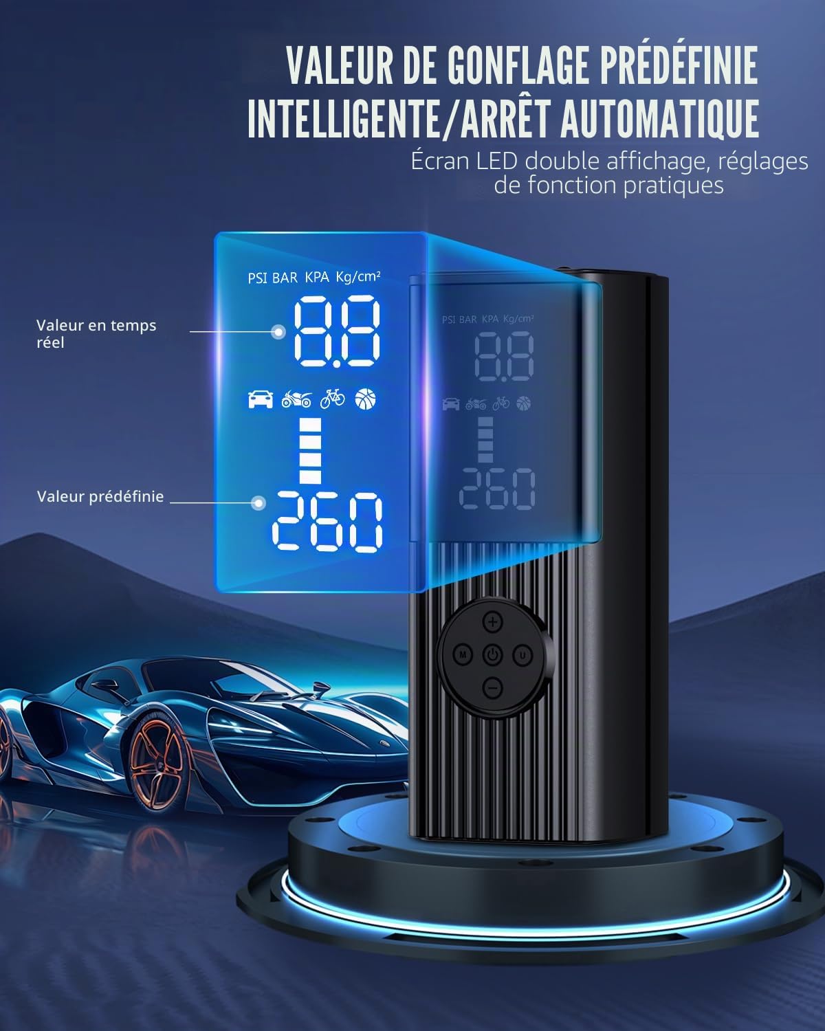 Compresseur d'air portable de 180 PSI avec batterie de 25 000 mAh, 3 x gonflage rapide sans fil pour voiture, moto, vélo, ballon