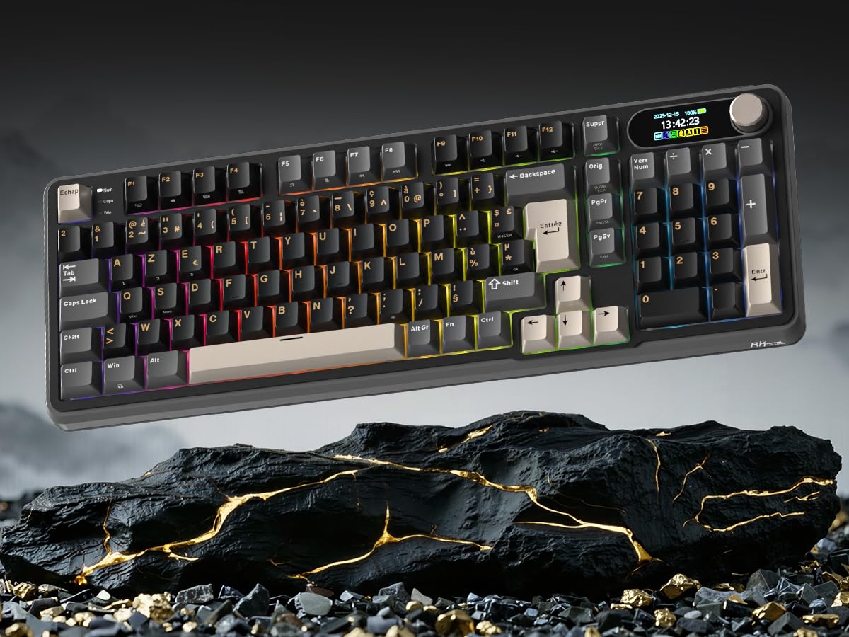 RK ROYAL KLUDGE S98 FR Clavier mécanique avec Smart Display & Bouton, Top Mount 96% Wireless Mechanical Keyboard BT/2.4G/USB-C, Hot-Swapable, Software Support, 98 Touches, French AZERTY