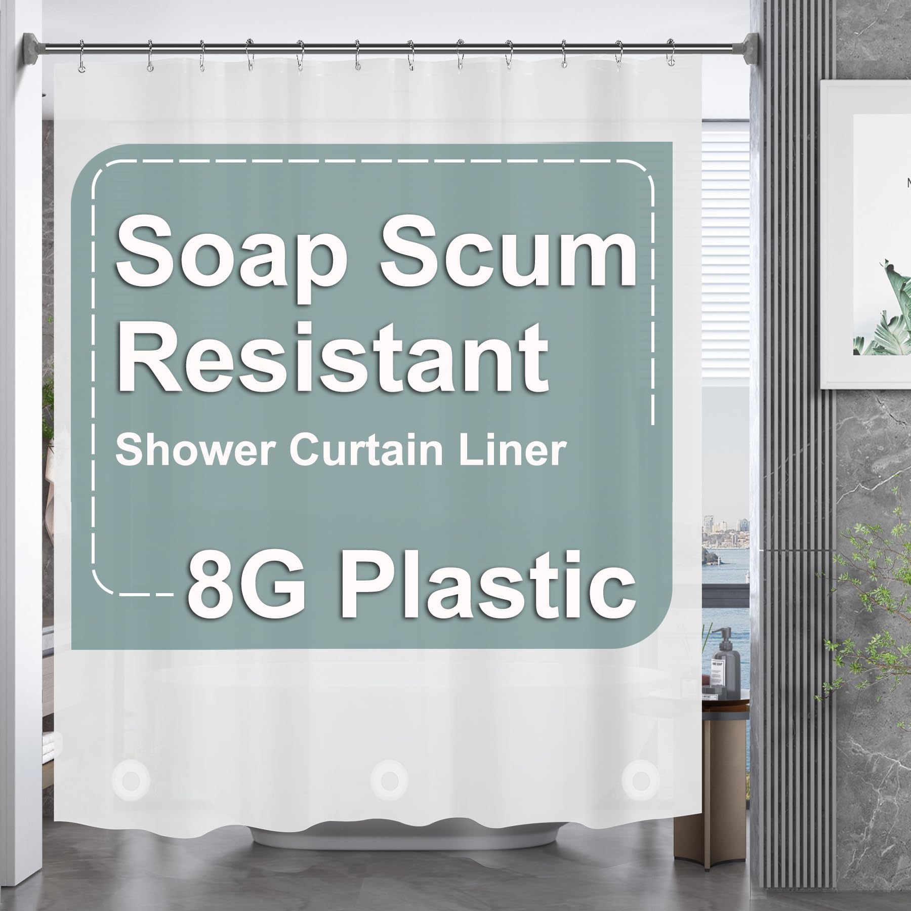 AmazerBath Plastic Shower Curtain, 72 x 84 Inches Frosted EVA 8G Thick Bathroom Plastic Shower Curtains with Heavy Duty Clear Stones and Grommet Holes