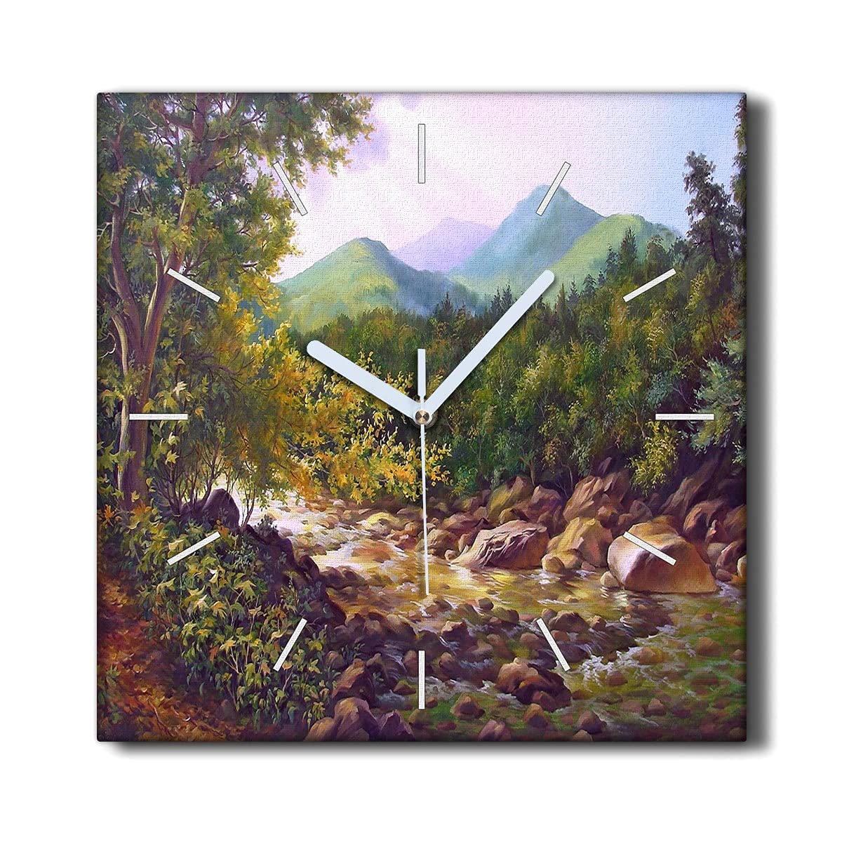 Horloge sur Toile 30x30cm Forêt et Pierres de Rivière pour la Décoration Murale du Salon