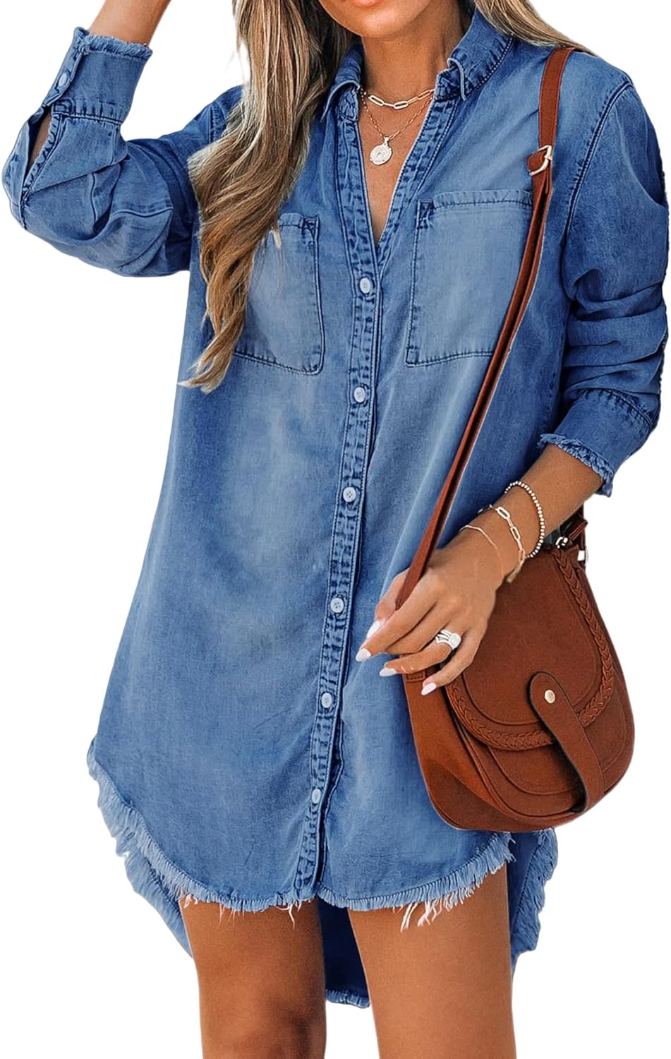 Flvsun Women's Denim Shirt Dresses Long Sleeve Denim Shirt Button Down Blouse Casual Tunic Tops