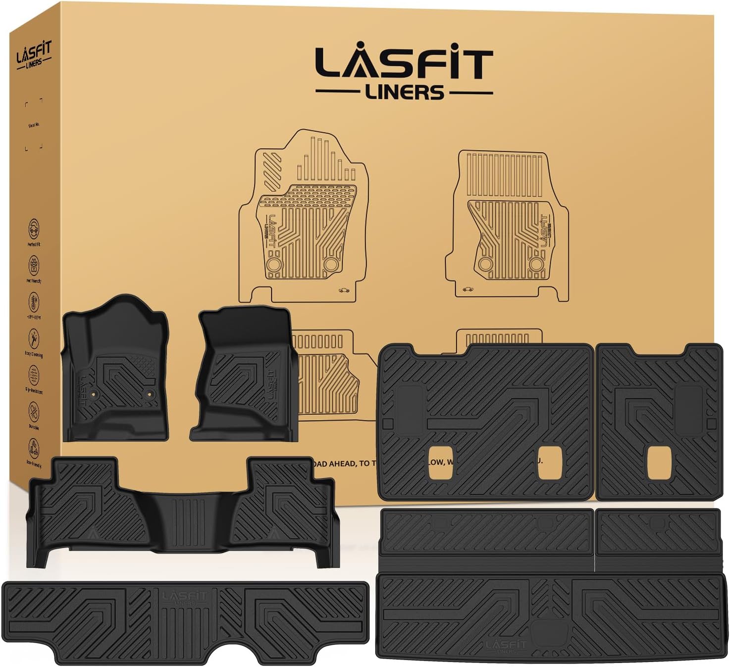 LASFIT Floor Mats & Cargo Liner 2015-2020 & Only 7/8 Seats (Not for 9 Seats) for Chevrolet Chevy Tahoe/GMC Yukon(Only Yukon, Not Fit Yukon XL), All Weather TPE Custom Fit Car Floor Liners