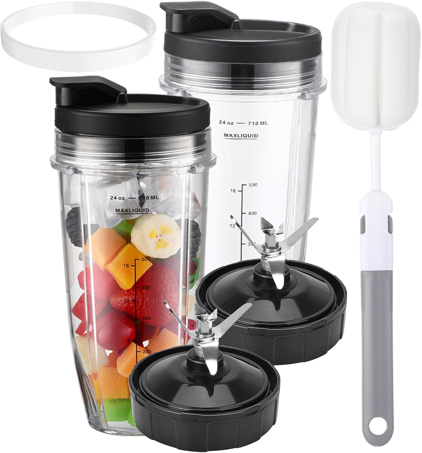 Blender Replacement Parts for Ninja, 24oz Blender Cups with To-Go Lids, 7 Fins Extractor Blade, Compatible with Nutri Ninja Auto iQ Blenders BN401 BN801 BN751 BL480-30 BL640-30 BL642-30 NN100-30