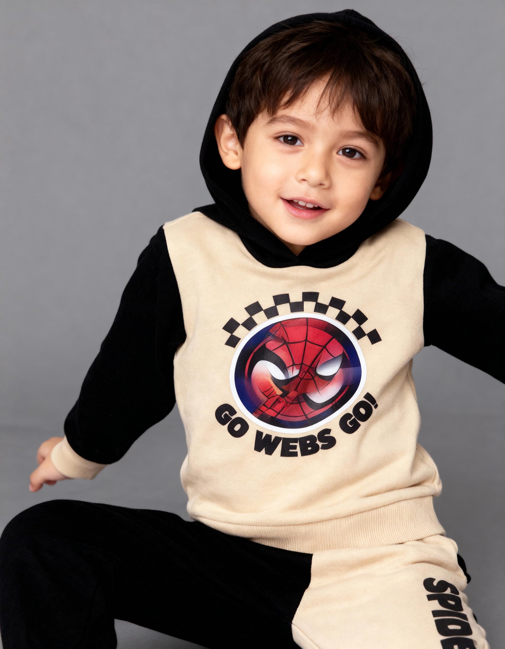 Disney Spider-Man Toddler Boys’ Outfit Set - Two Piece Hoodie Sweatshirt with Holographic Patch & Puff Ink Jogger Pants (Brown, 2T)