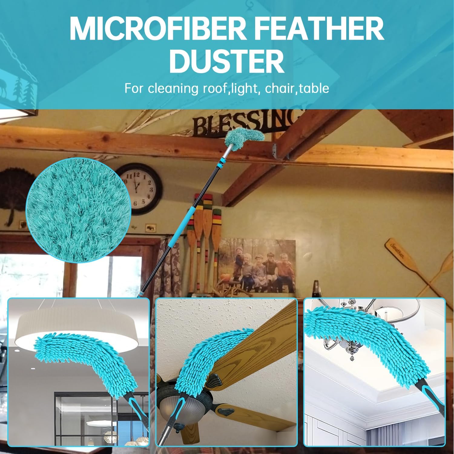 High Ceiling Duster Kits with 3-8ft Heavy Duty Extension Pole - Fan Blade Cleaner, Cobweb Remover & Blue Window Squeegee Kit, Washable Dust Brush and Glass Surfaces, Skylight Shades Operating Hook
