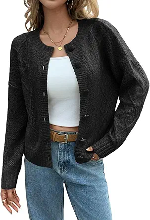 Saodimallsu Womens Cable Knit Cardigan Button Down Crew Neck Long Sleeve Loose Fall Trendy Sweater Coats