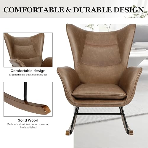 Miniatura 6 de Gecheer Rocker - Silla mecedora moderna de piel sintética, con base de madera, respaldo alto y reposabrazos, asiento acolchado, cómoda silla