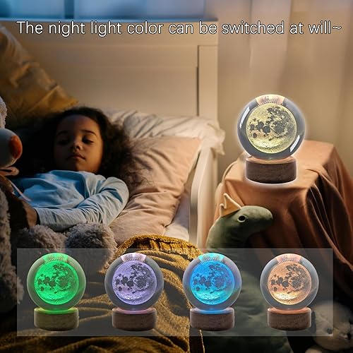 Miniatura 4 de TUUWAI Bola de cristal de luna 3D de 2.36 pulgadas con lámpara LED, base de madera colorida luz nocturna con bola brillante extraíble, luz cambiante