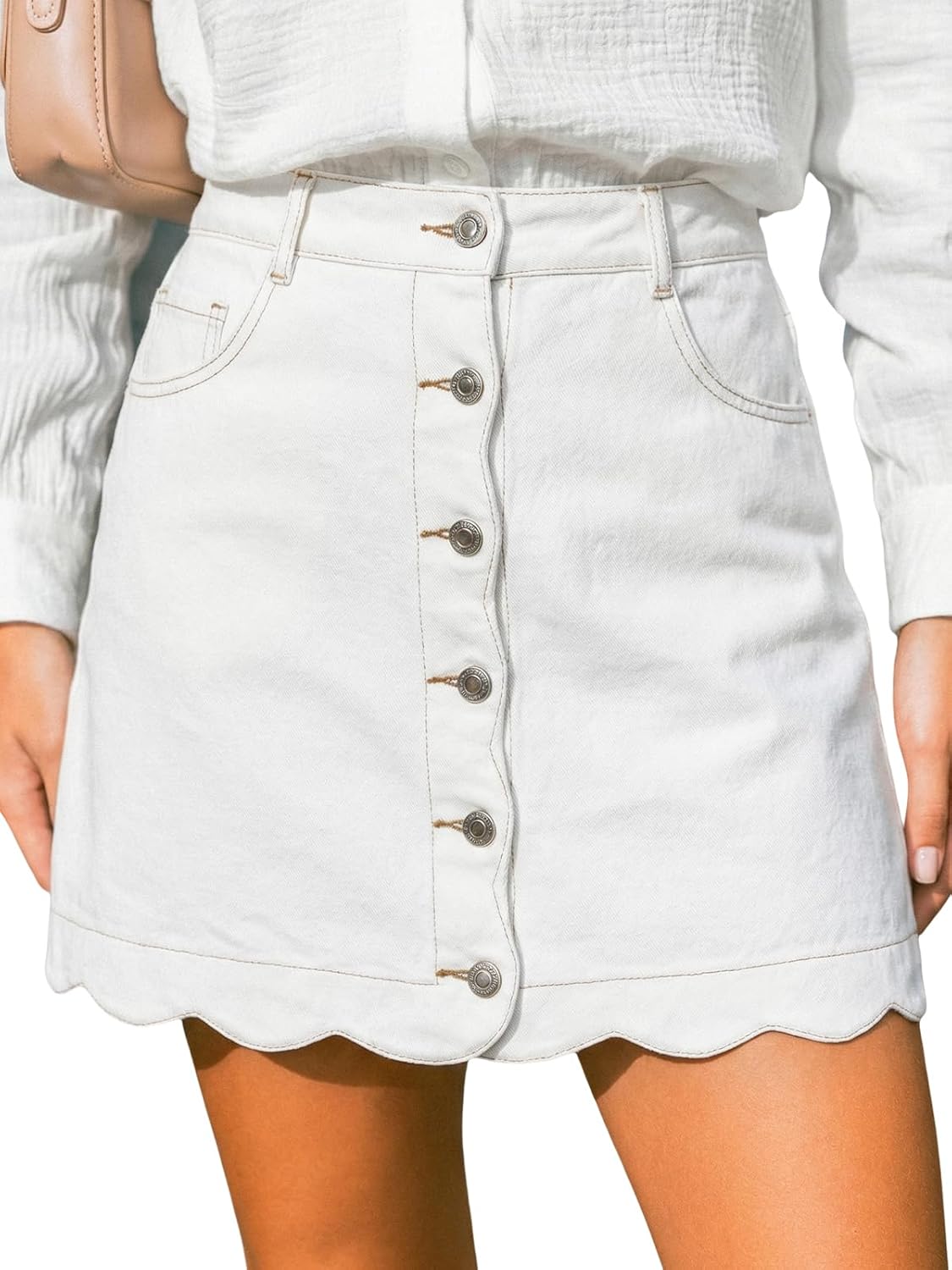 CUPSHE Women’s Denim Mini Skirt Button Front A-Line Jean High Waist Scalloped Hem Casual Outfits