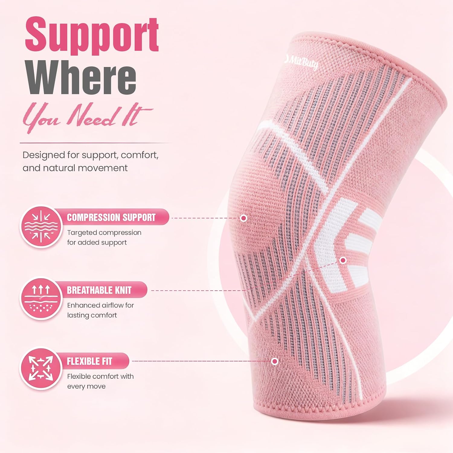 Knee Brace for Women, Compression Knee Sleeve with Anti-Slip Silicone Grip, Breathable Knitted Knee Support for Running, Workout, Walking, Gym & Daily Activities, Pink, 1 Pair (M: 16.5" - 18.5")
