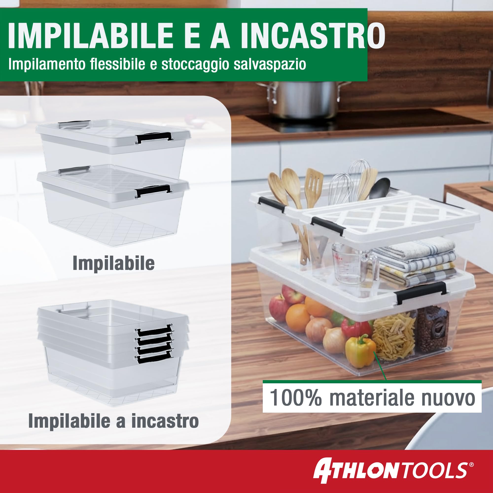 ATHLON TOOLS 4x 12,5L Scatole Plastica Trasparente con Coperchio – Contenitori Impilabili con Clip di Chiusura – Adatte per Alimenti – 100% Materiale Nuovo – Organizer Casa Cucina Ufficio Garage