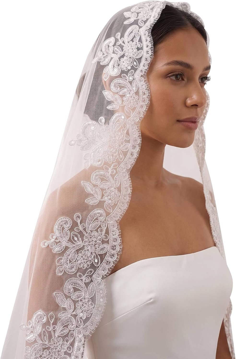 Mantilla Wedding Veils for Brides Fingertip Bridal Veil with Sequin Lace Applique Edge