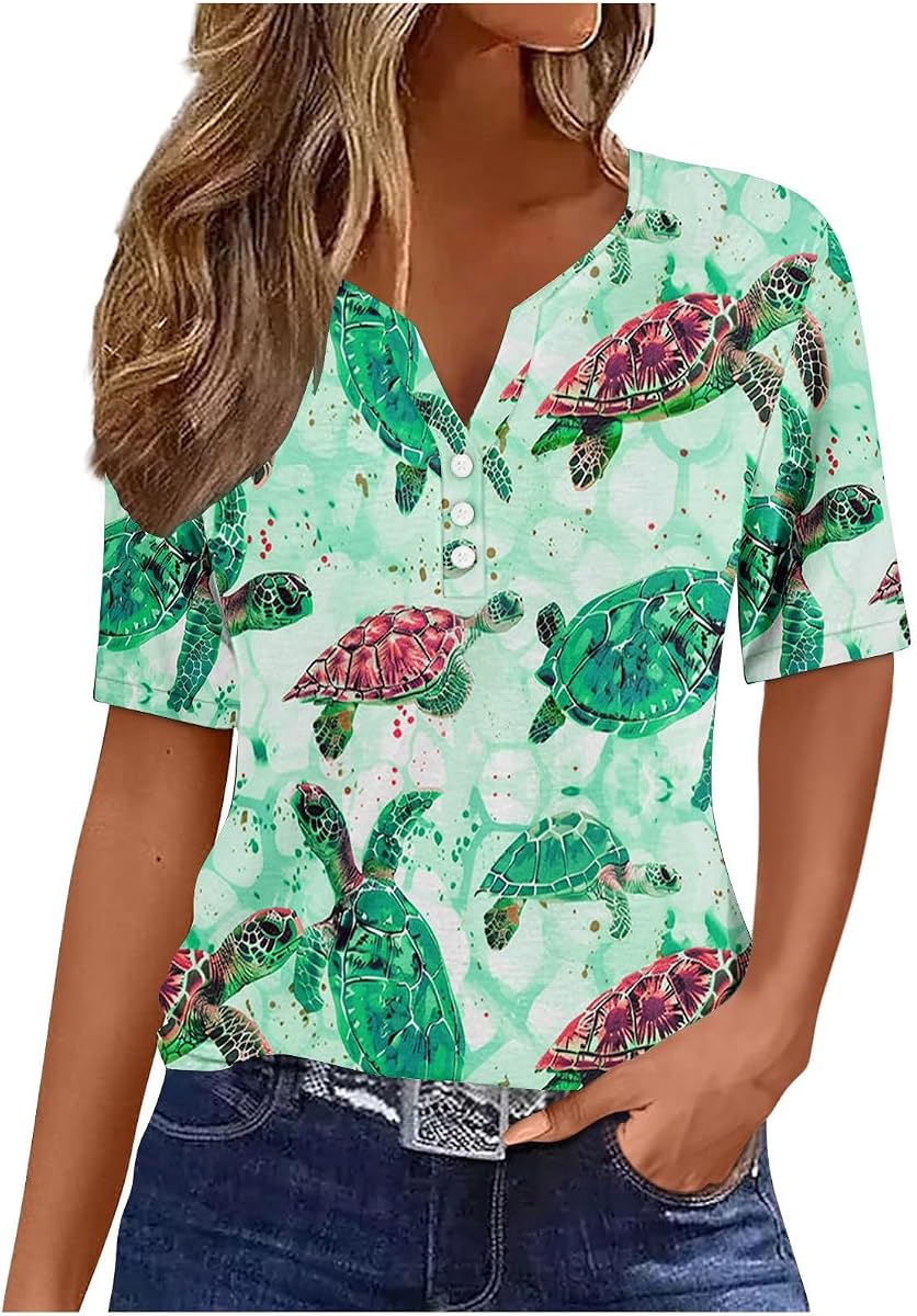 bawilom Womens Short Sleeve Tops Summer Fashion Animal Print T Shirt Casual V Neck Button Blouses Sea Turtle Graphic Tees