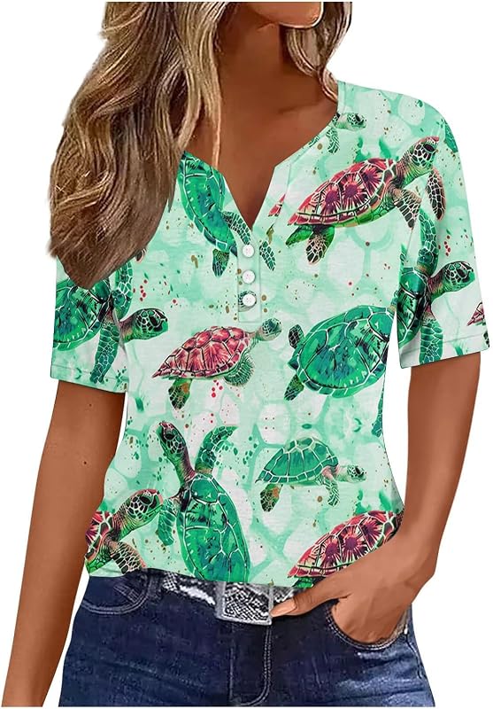 bawilom Womens Short Sleeve Tops Summer Fashion Animal Print T Shirt Casual V Neck Button Blouses Sea Turtle Graphic Tees