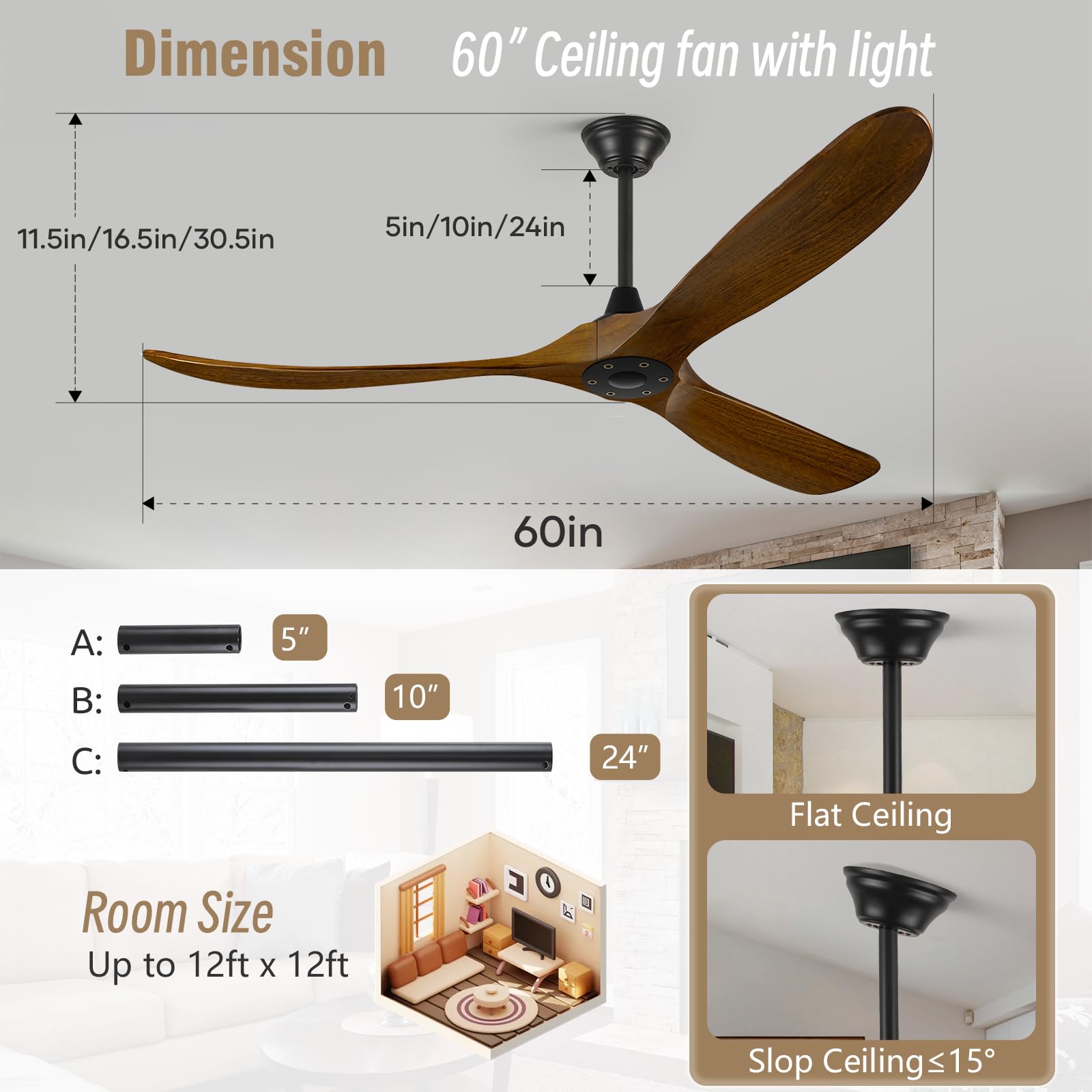 Ventilador de Techo con Mando a Distancia,Ventilador de Techo sin Luz Silencioso,152cm de Diámetro,3 Aspas de Madera,Motor de CC,6 Velocidades,Temporizador,Función Verano-invierno,Nogal