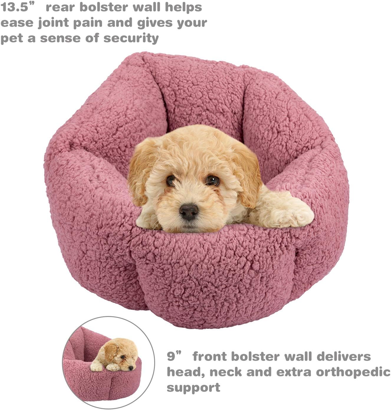 FURTIME Small Dog Bed & Cat Bed, Round Cat Beds for Indoor Cats, Ultra Soft Washable Plush Calming Dog Bed, Self Warming Kitten Puppy Bed with Anti-Slip Bottom High Walls Design (Jumbo(24"), Pink)