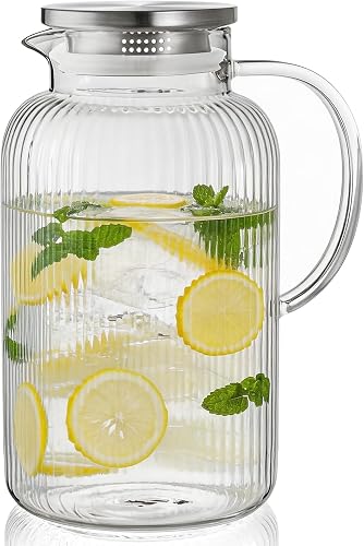 Bivvclaz 1 Gallon Glass Pitcher with Lid and Handle, Stripes Water Pitcher for Fridge, Borosilicate Glass Carafe for Hot/Cold Drink, Extra Large Jug for Iced Tea, Coffee, Juice, Homemade Beverage