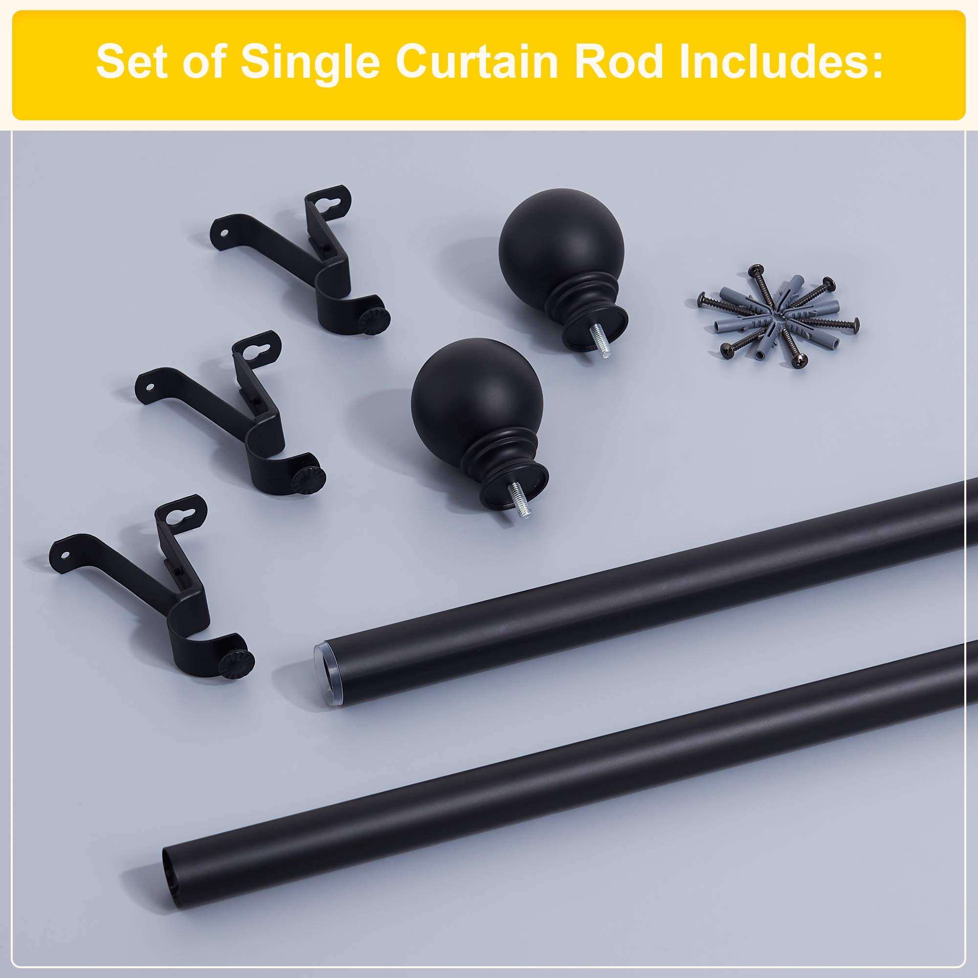 Barras de cortina negras para ventana de 48 a 86 pulgadas, diámetro de 1 1/8 pulgadas con remates de bola para tratamiento de ventanas, longitud ajustable de 48 a 86 pulgadas, negro mate 3