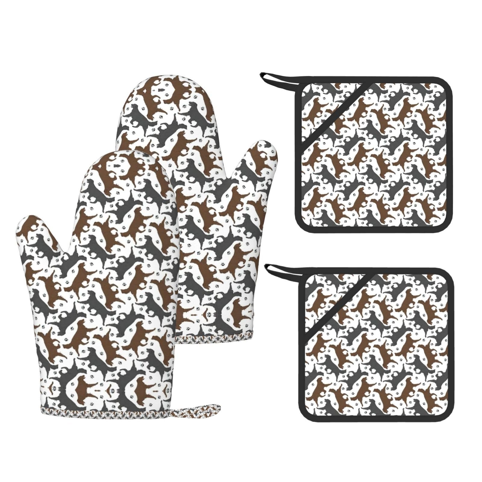 Trotting Flat Coated Retrievers Paw Printed Potholder and Oven Mitt Set of 4, High Heat Resistant Cooking Gloves for BBQ Grilling
