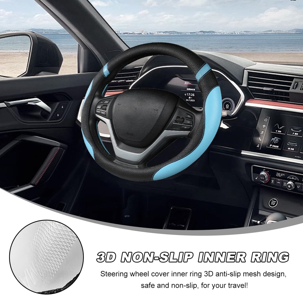 Car Steering Wheel Cover, 15 Inch Premium Leather Breathable Non-Slip Wheels Wrap, Universal Auto Comfortable Steering Wheel Protector for SUV Truck Van, Car Accessories (Blue) - Image 4
