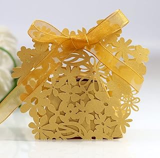 100 Unidades de Cajas de Regalo con Flores Huecas,Cajas de Regalo para Invitados,Cajas Plegables para Bodas,bautizos,cumpleaños,Fiestas,decoración de Mesa,Novios,Paquete de Regalo,Color Amarillo