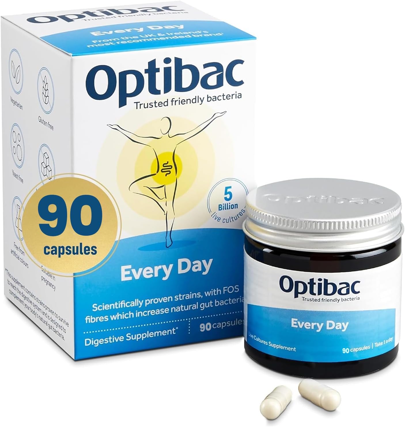 Optibac Probiotics for Digestive Health, 90 Capsules | 6 Scientifically Researched Strains with 5 Billion Live Cultures | Gluten Free & Vegetarian | Supports Gut Flora & Digestive Health