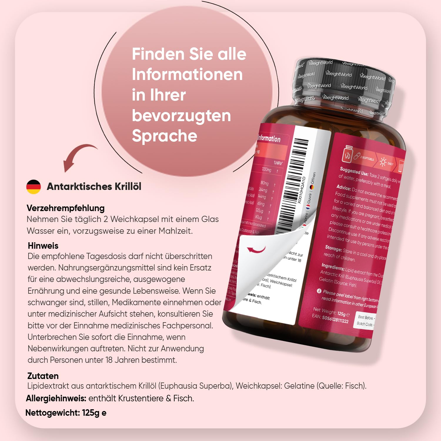 WeightWorld Antarktisches Krillöl Weichkapseln - 1200 mg pro Portion Liefert Omega 3, DHA, EPA, Astaxanthin, Cholin, Marine Phospholipide, 180 Softgels für 3 Monate, Gluten- & laktosefrei