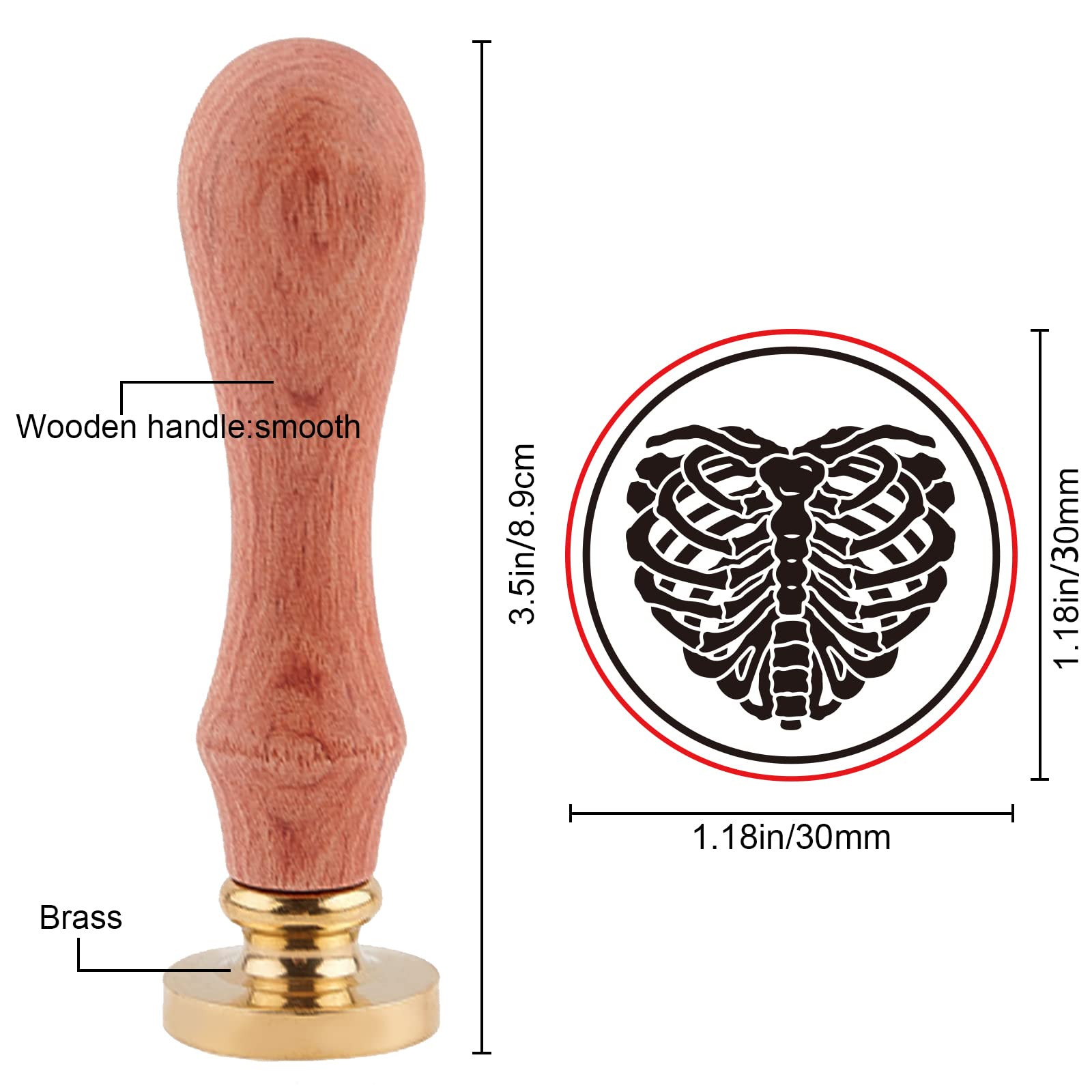 SUPERDANT Heart Skeleton Pattern Wax Seal Stamp 1.18in Death Day Vintage Wax Stamp with Removable Brass Head Wood Handle Halloween Wax Seal Stamp for Party Envelopes Invitations Gift Without Wax