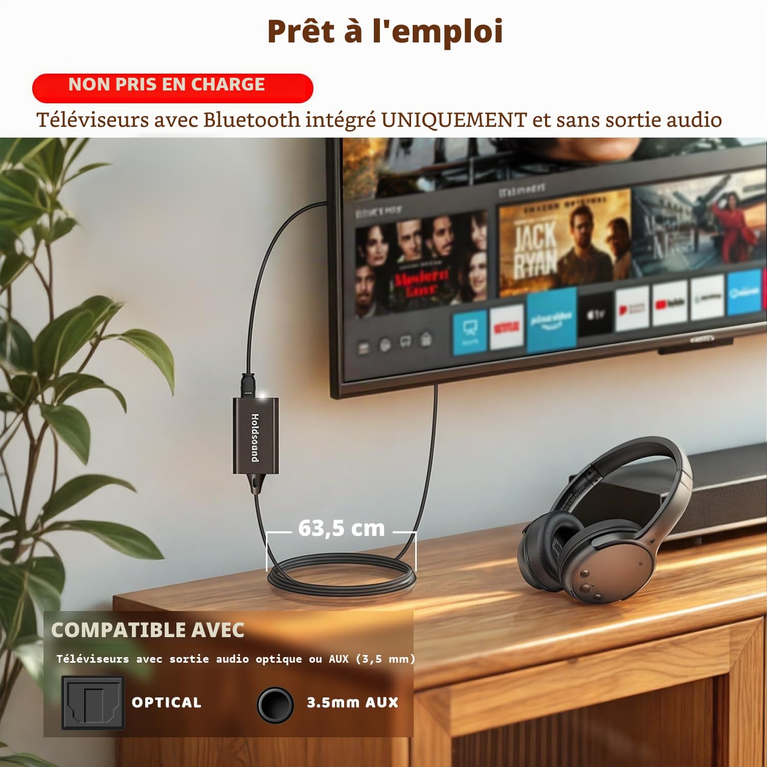 Holdsound Casque TV sans Fil avec Émetteur USB Câble Extension, Plug & Play, Son Net, Dialogues Clairs, 50m Portée sans Fil, Cuir Protéiné Mousse Mémoire, 25H d'Autonomie, pour Séniors