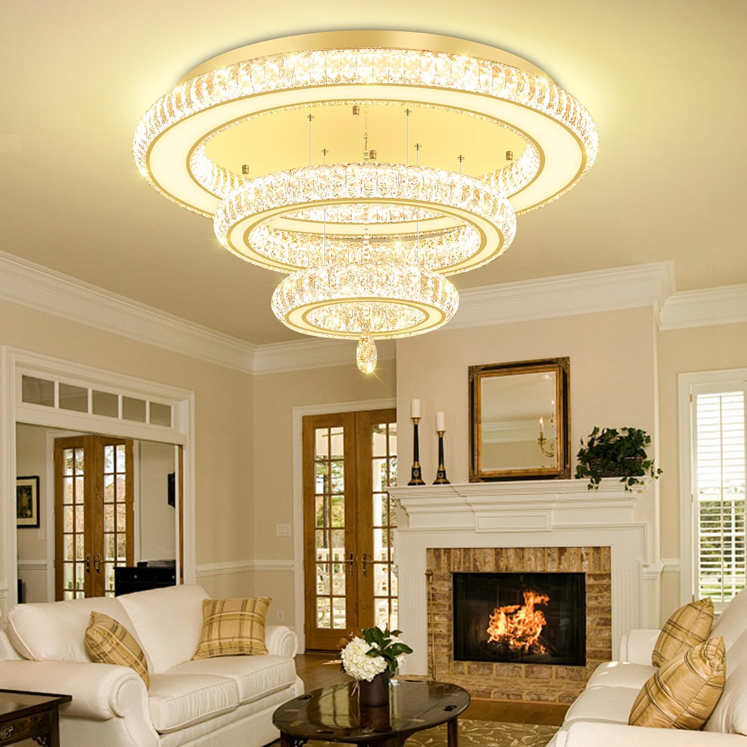 Glam Crystal Ring Chandeliers for Living Room Gold 32in Modern Led Flush Mount Chandelier with K9 Crystal Raindrop