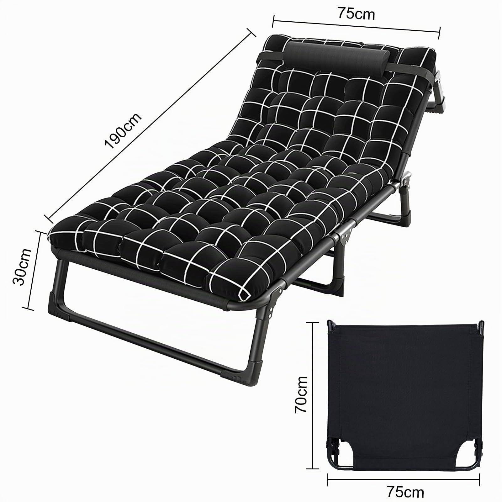 Lit de Camping, Chaise Longue Inclinable, Lit Camping Pliable, Lits Campings Pliant, Chaise Longue 4 Positions avec Oreiller, Idéal pour Piscine, Plage, Terrasse (Noir)