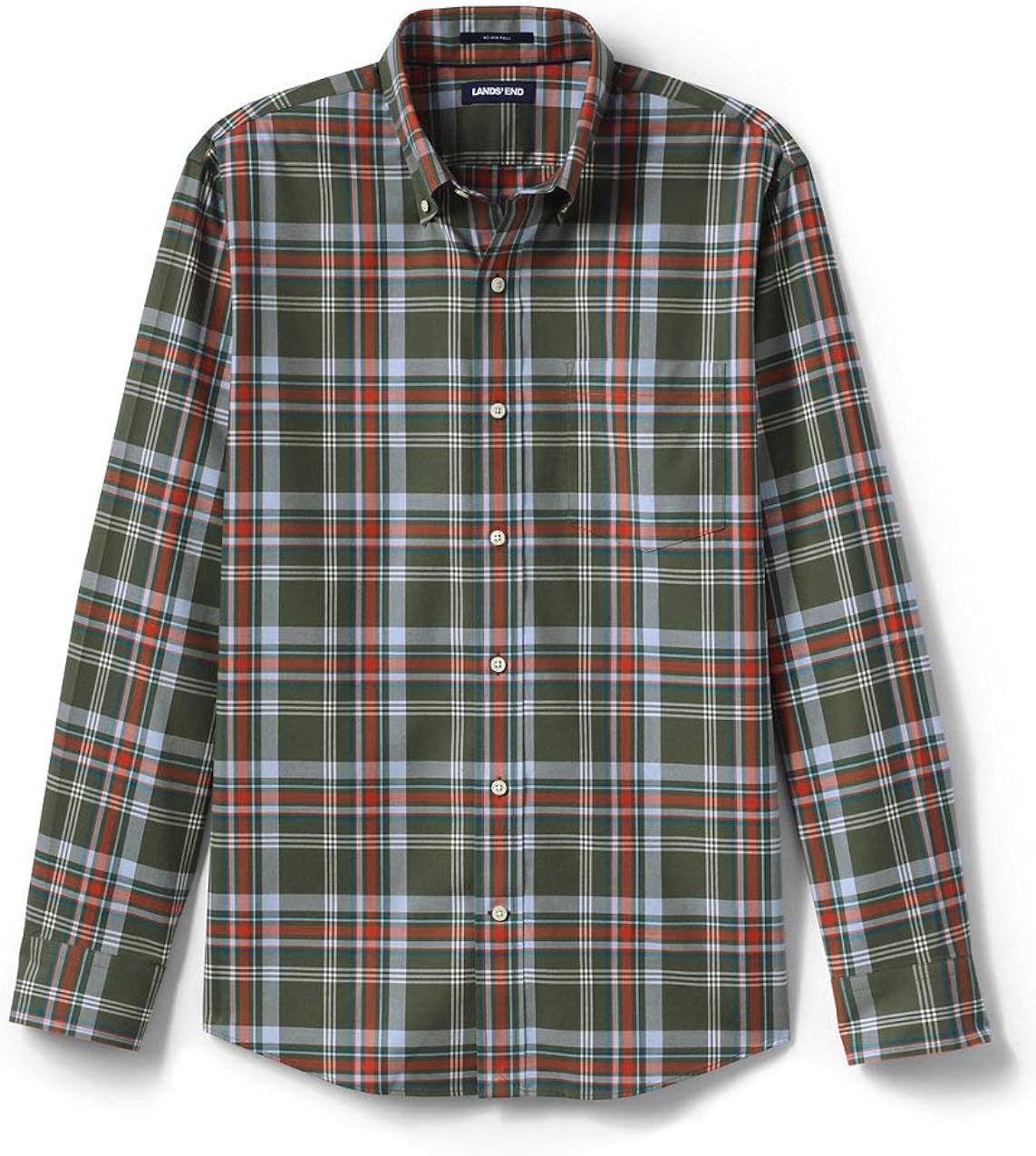 Lands' End Mens Traditional Fit No Iron Twill Shirt Olive Plaid Tall XX ...