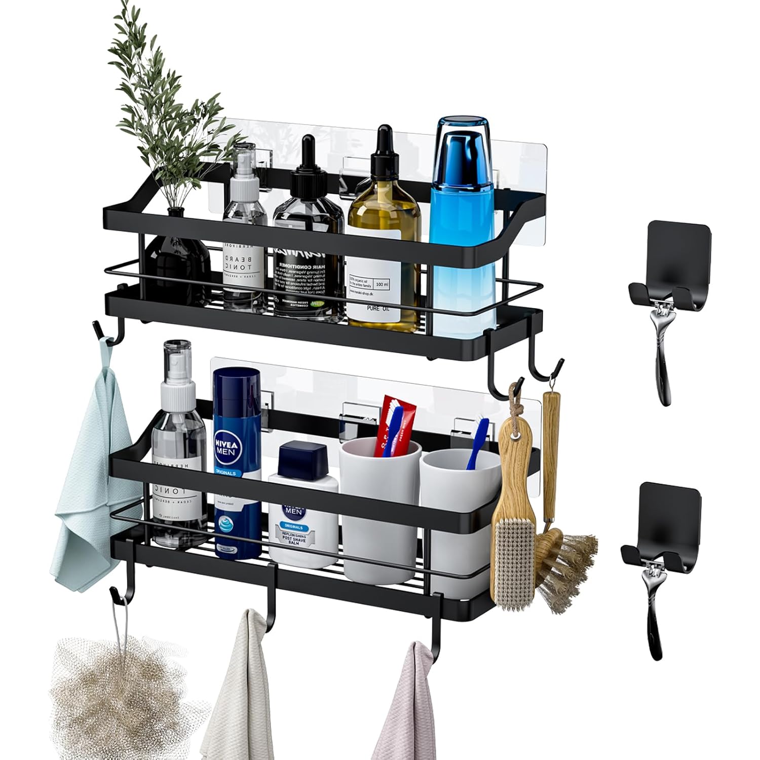 Carwiner Shower Caddy Bathroom Shelf 2-Pack Basket with 8 Hooks for Hanging Shampoo Conditioner Stainless Steel Rack Wall